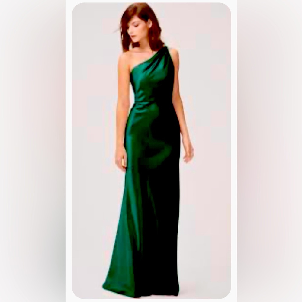 Jenny Yoo Collection Emerald Satin One Shoulder Long Dress